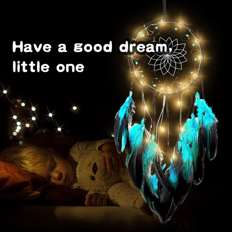 Dream Catcher Blue Feather riippuva sisustus Tuulikello seinäkoristelu LED - valonauha