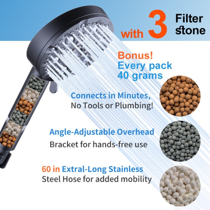 Vattenbesparande 10 lägen Handhållet duschhuvud filter rostfri stålslang Dusch