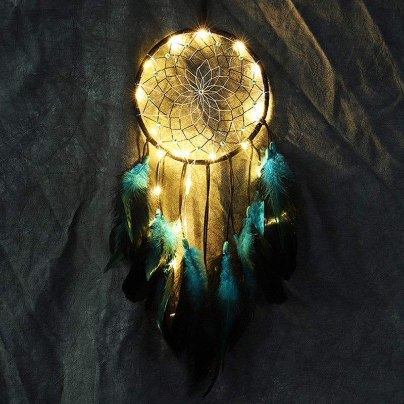 Dream Catcher Blå fjærhengende dekor Vindklokkeveggpynt LED - lysstripe