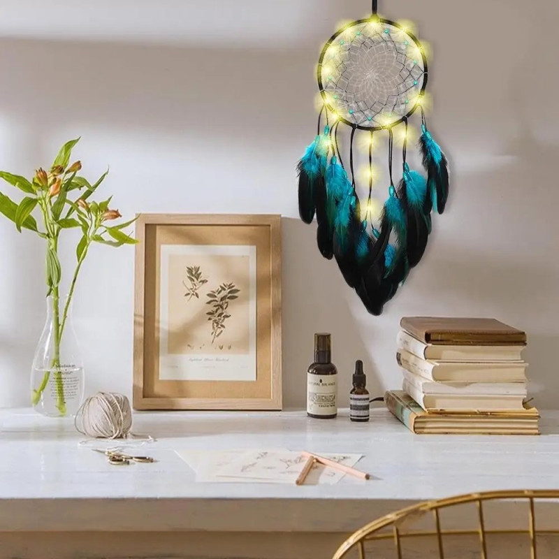 Drömfångare Blå Fjäder Hängande dekor Wind Chime Väggprydnad LED - ljusremsa