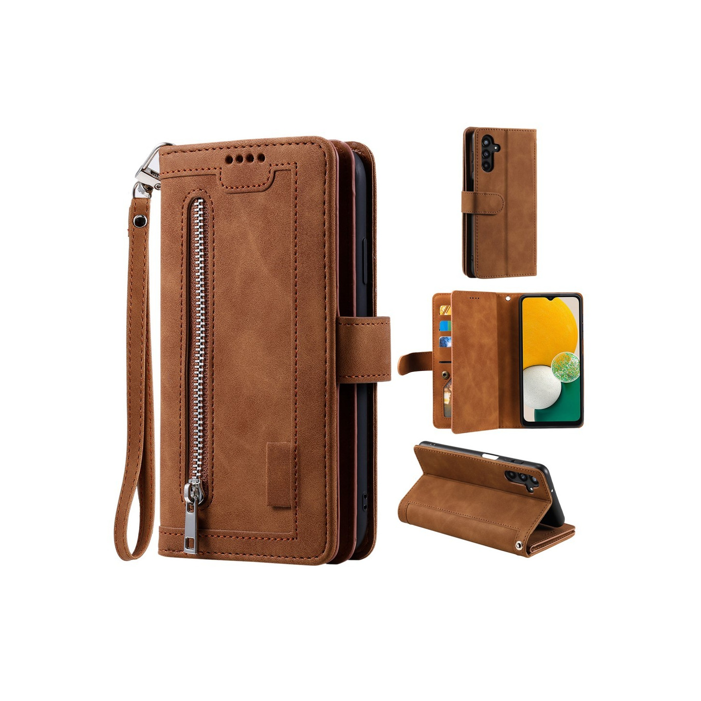 Til Samsung Galaxy S24 FE Etui med Lynlåslomme og 9 Kortlommer – Brun