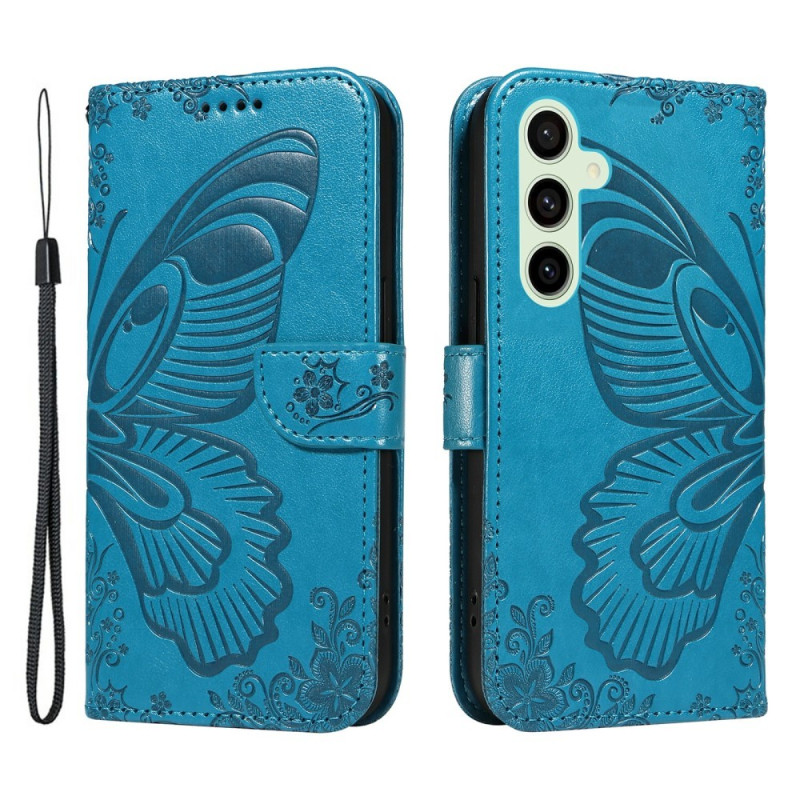 För Samsung Galaxy S24 FE Fodral Ställ Plånboksfodral Fjärilsmönster - Blå