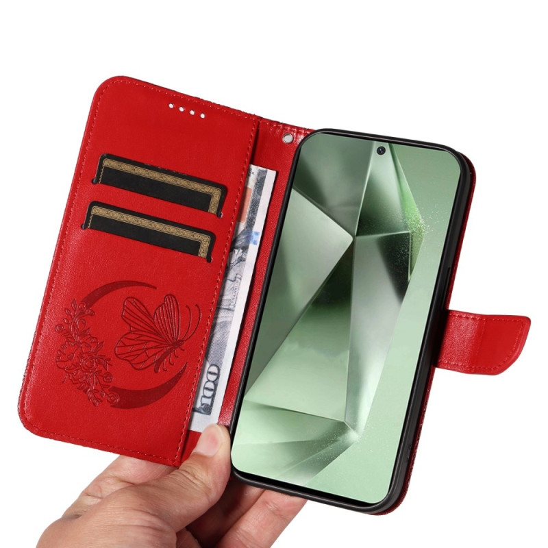 För Samsung Galaxy S24 FE Fodral Ställ Plånboksfodral Fjärilsmönster - Röd