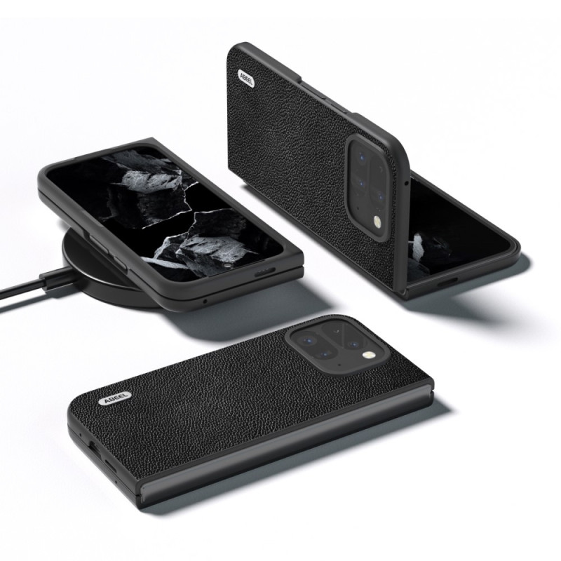 ABEEL til Google Pixel 9 Pro Fold 5G Telefoncover Litchi Tekstur Ægte Koskind - Sort