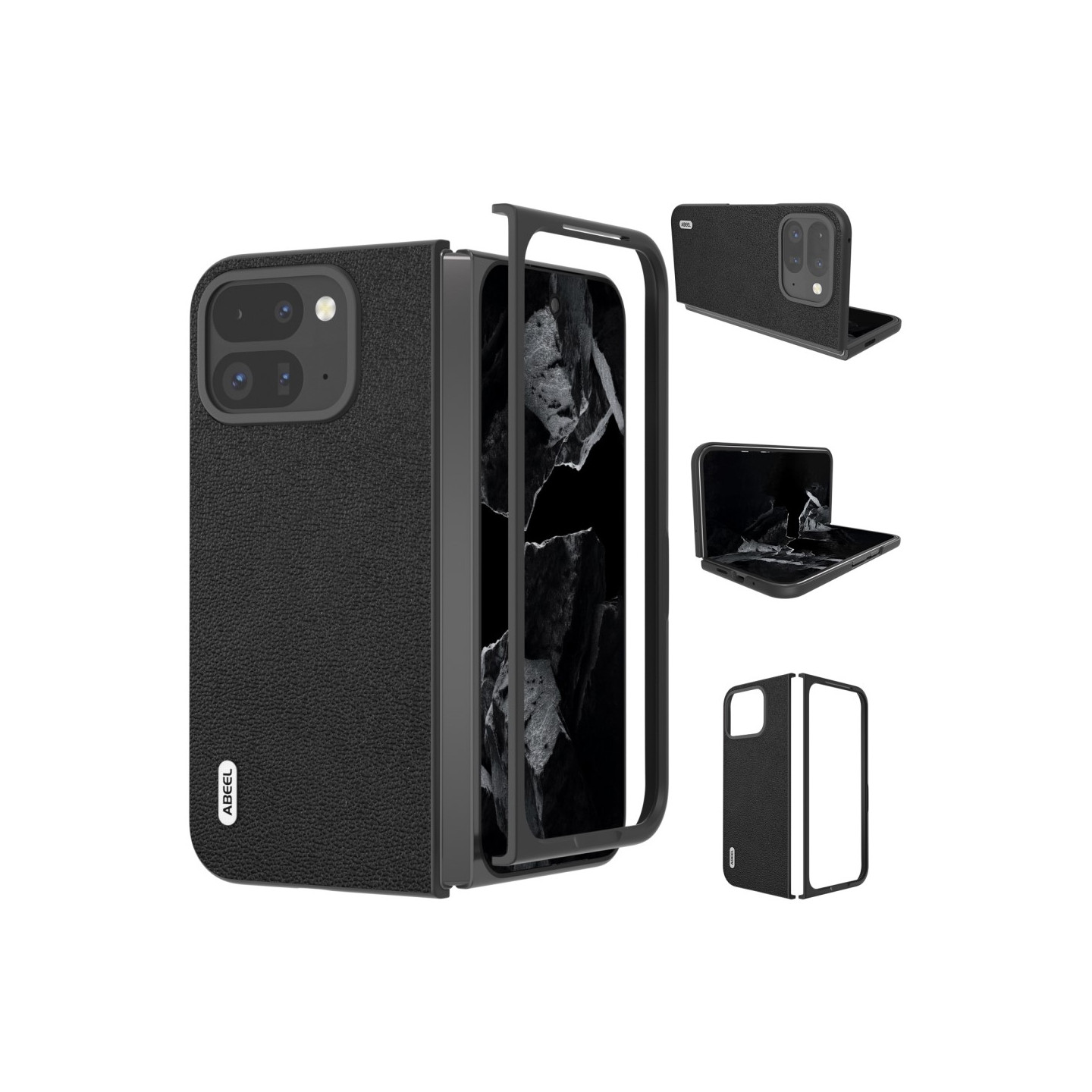 ABEEL Google Pixel 9 Pro Fold 5G Suojakotelo Aitoa Nahkaa + PC - Musta