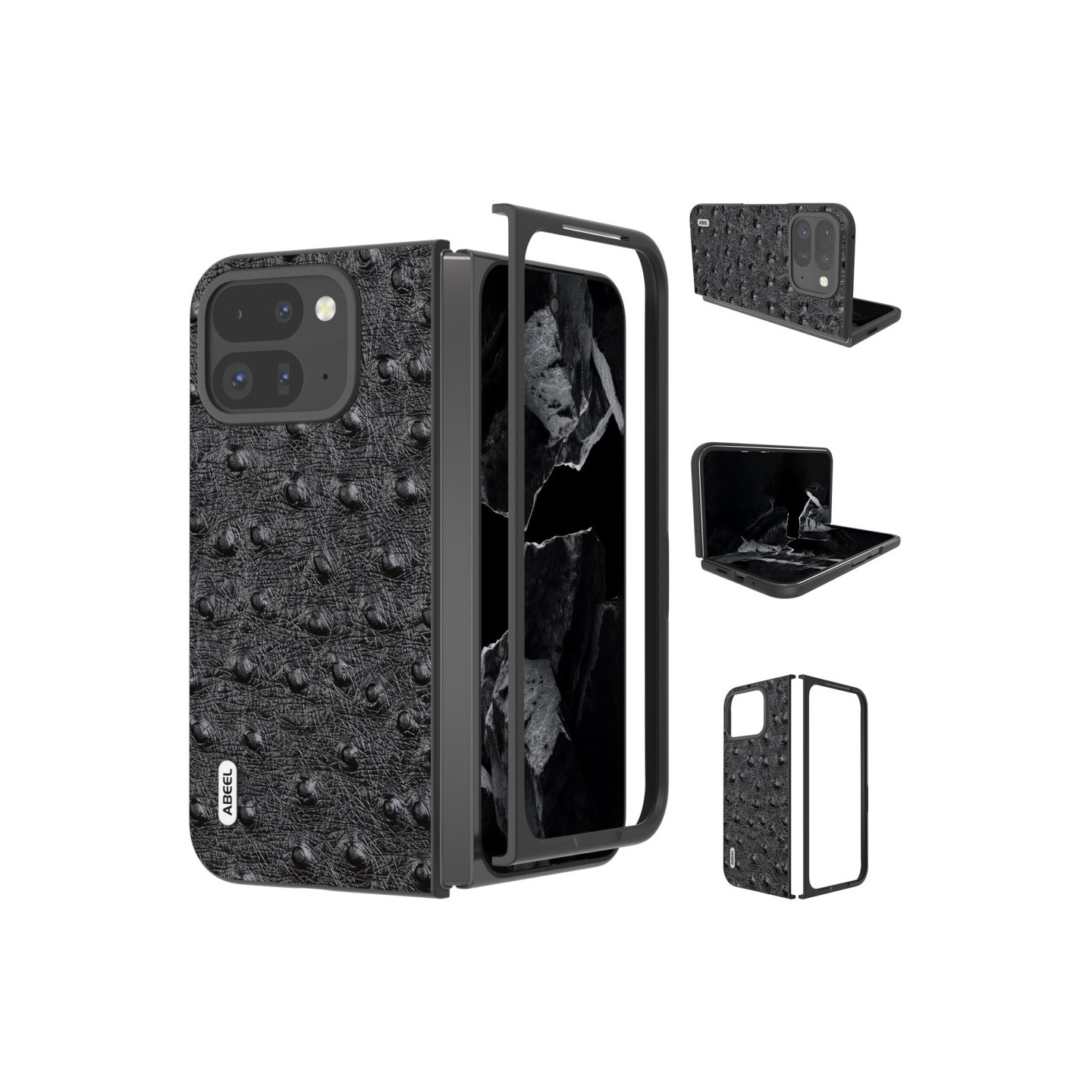 ABEEL For Google Pixel 9 Pro Fold 5G Case Genuine Cow Leather+PC Phone Cover Ostrich Texture - Black