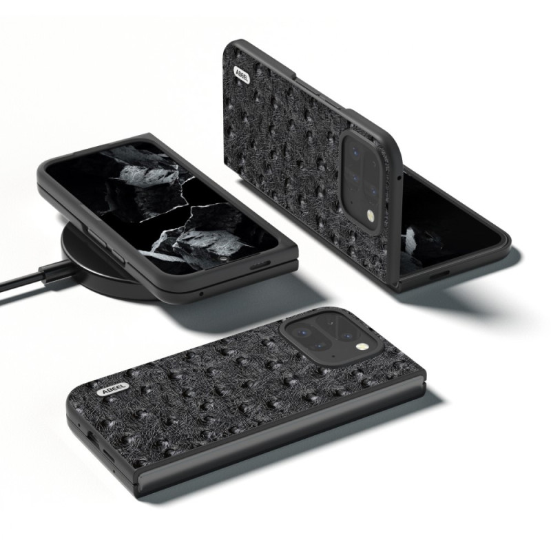 ABEEL til Google Pixel 9 Pro Fold 5G Case Cowhide + PC - telefonveske med strutsetekstur - svart