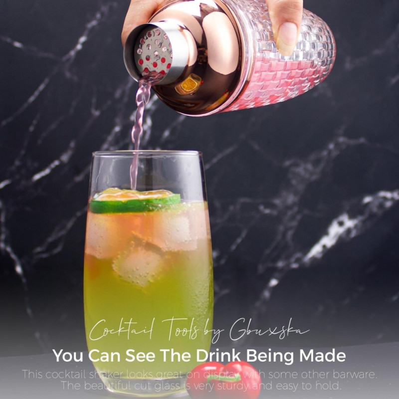 385 ml Cocktail Shaker vævet tekstur glas + låg i rustfri stål kop