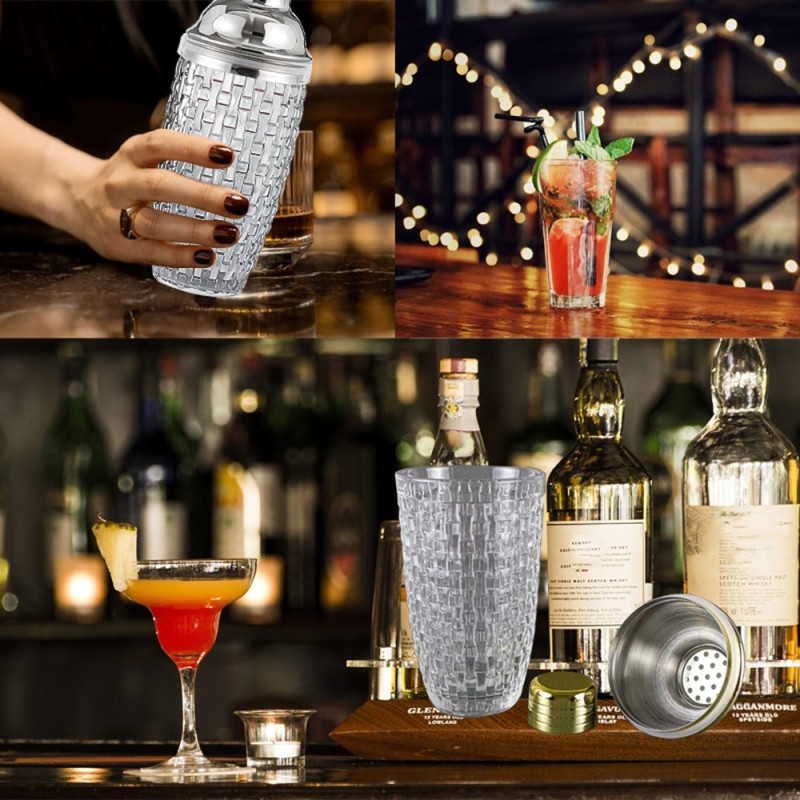 385 ml Cocktail Shaker vævet tekstur glas + låg i rustfri stål kop