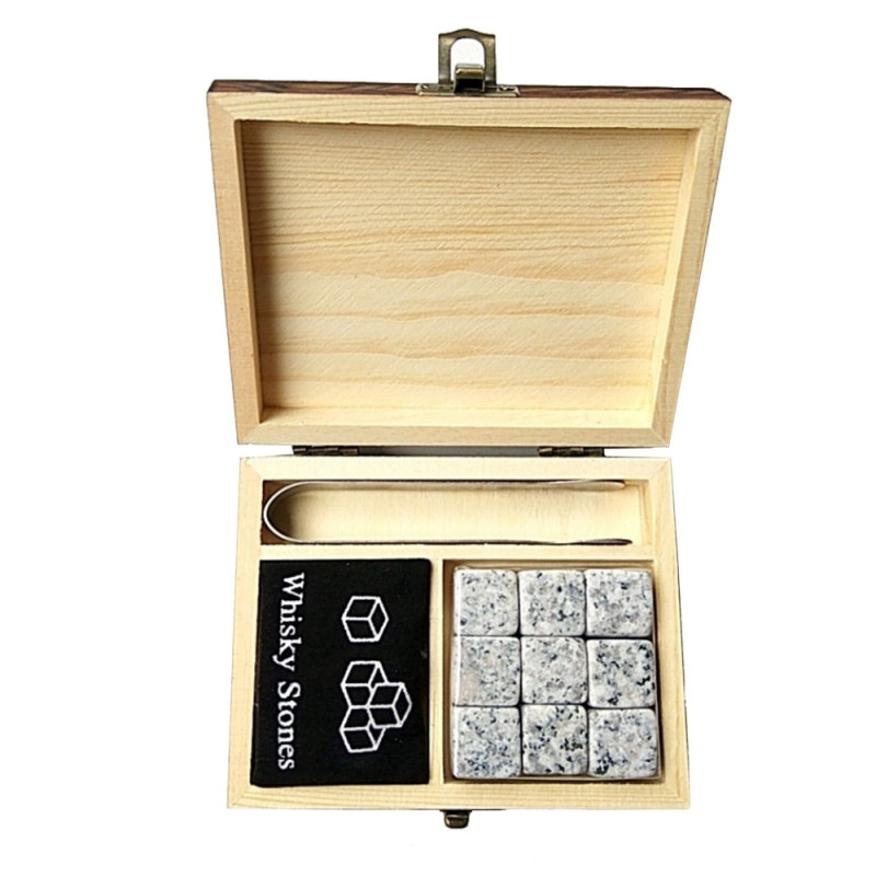 9 PCS Whiskey Stones Set Wooden Box Chilling Rocks Reusable Ice Cubes