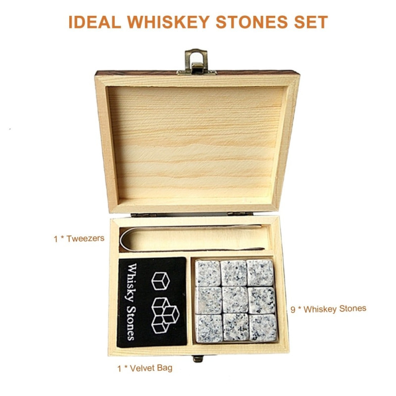 9 PCS Whiskey Stones Set Wooden Box Chilling Rocks Reusable Ice Cubes