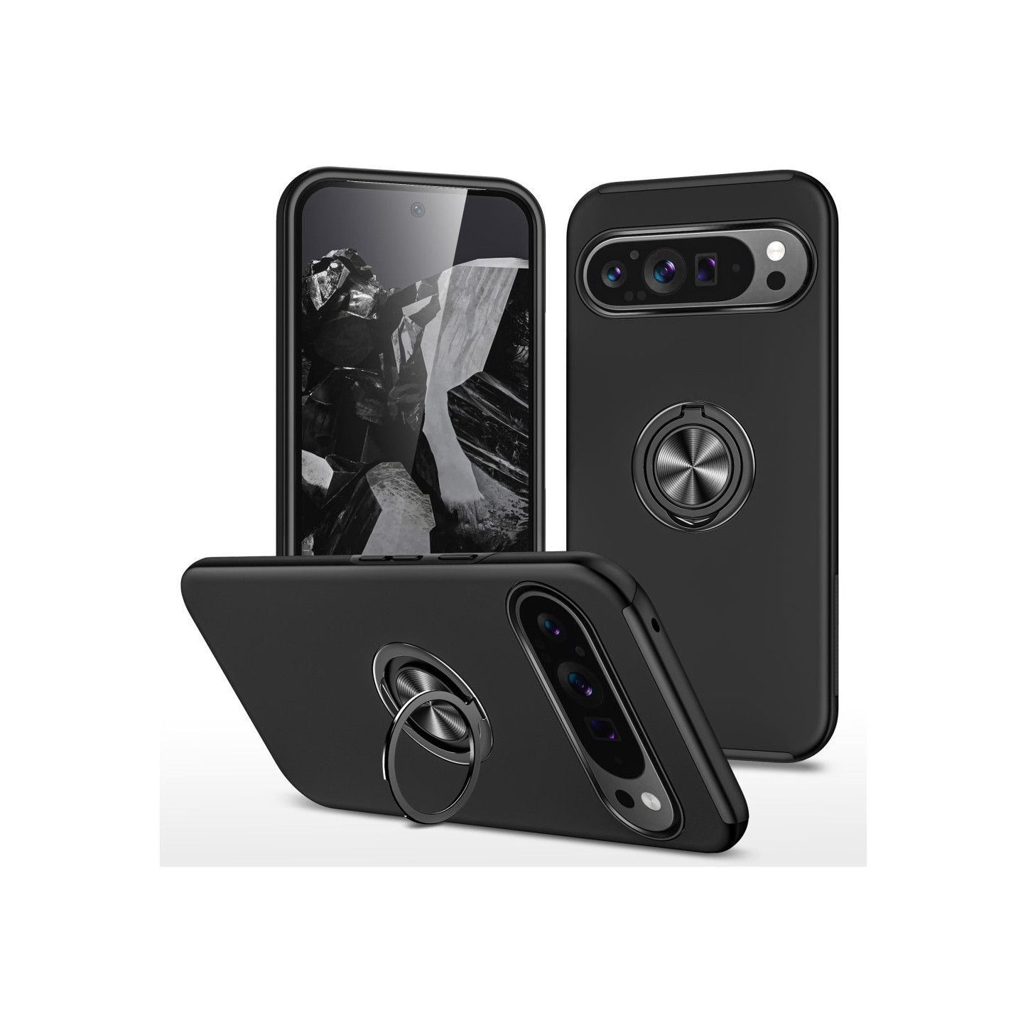 For Google Pixel 9 Pro XL Finger Ring Kickstand Hybrid Case - Black