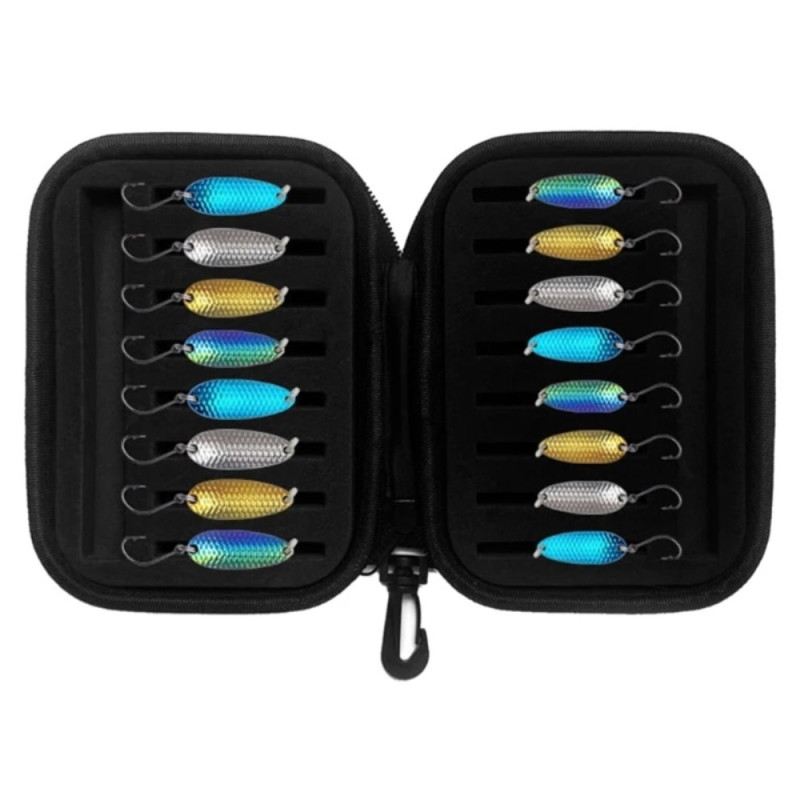 16 pcs 1.5g 2.5g 3.5g 5g Trout Fishing Bait Spinner Drag with Storage Bag