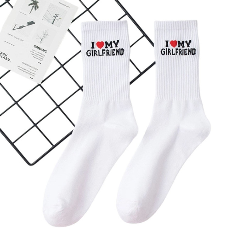 Funny Socks Cotton Sweat Absorbent White "I Love My Girlfriend"