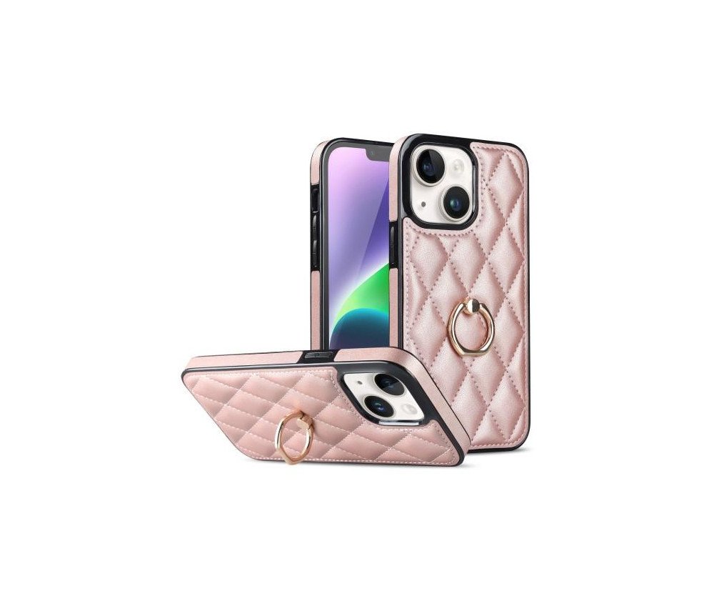 iPhone 14 Rhombus Grid Mönster Skal FingerRing - Rose Gold