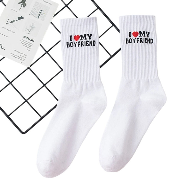 Funny Socks Cotton Sweat Absorbent White "I Love My Boyfriend"