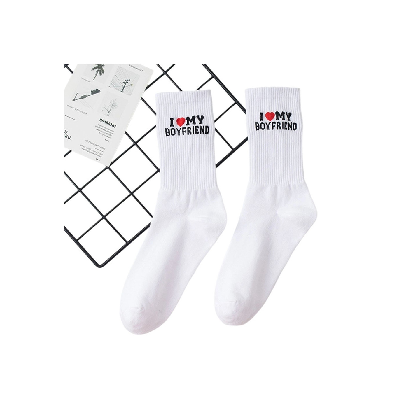 Funny Socks Cotton Sweat Absorbent White "I Love My Boyfriend"