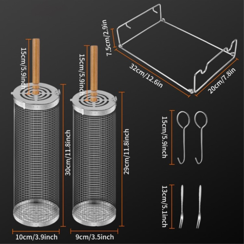 Grill Basket Wooden Handle Rolling Grill Mesh Cage Large Package