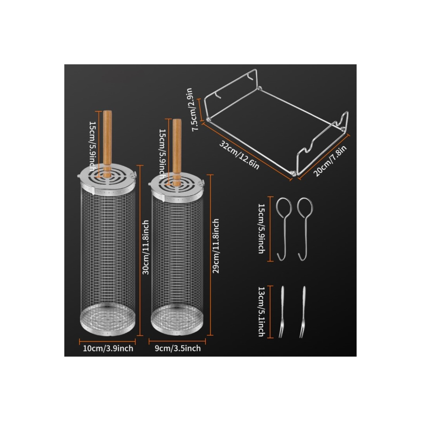 Grill Basket Wooden Handle Rolling Grill Mesh Cage Large Package