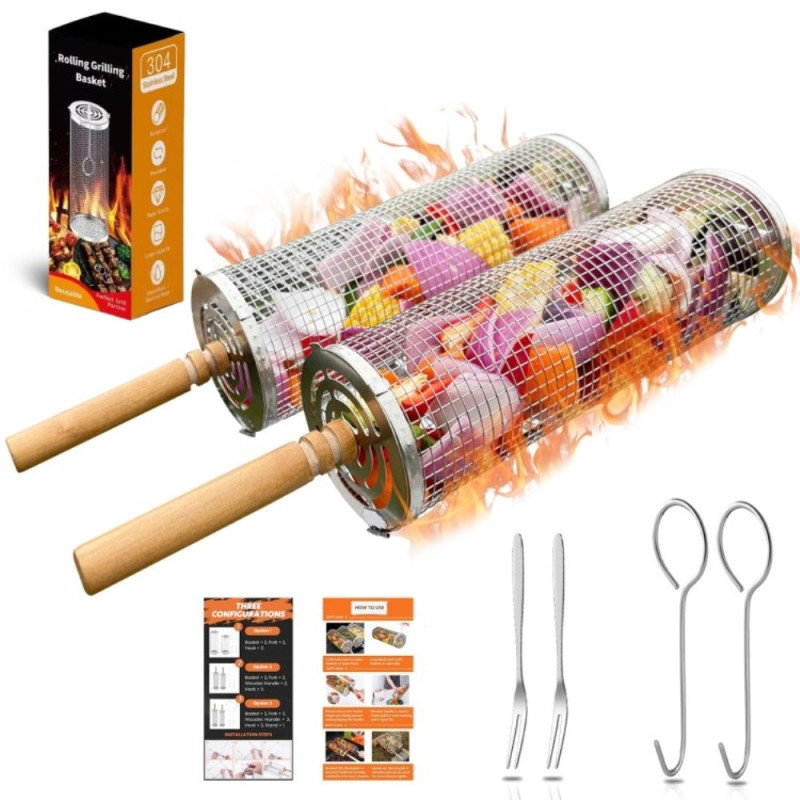 Grill Basket Wooden Handle Rolling Grill Mesh Cage Large Package