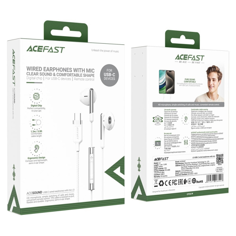 ACEFAST 1.2m USB - C Wired Headphone Mic Control