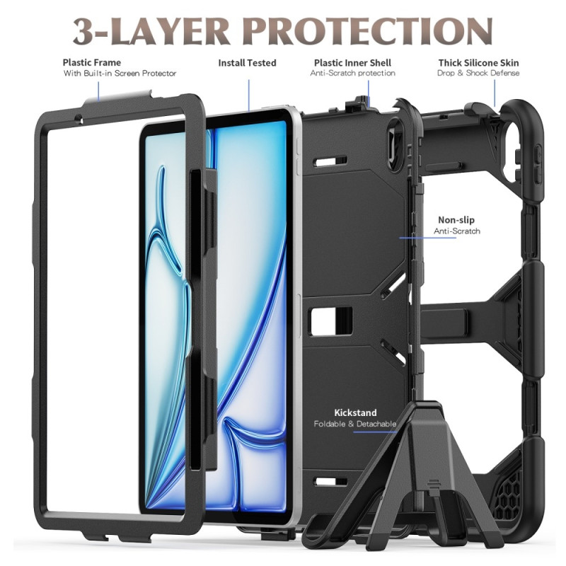 For iPad Air 11 (2024) Case with Built - in Screen Protector Kickstand PC + Silicone Tablet Cover - Black