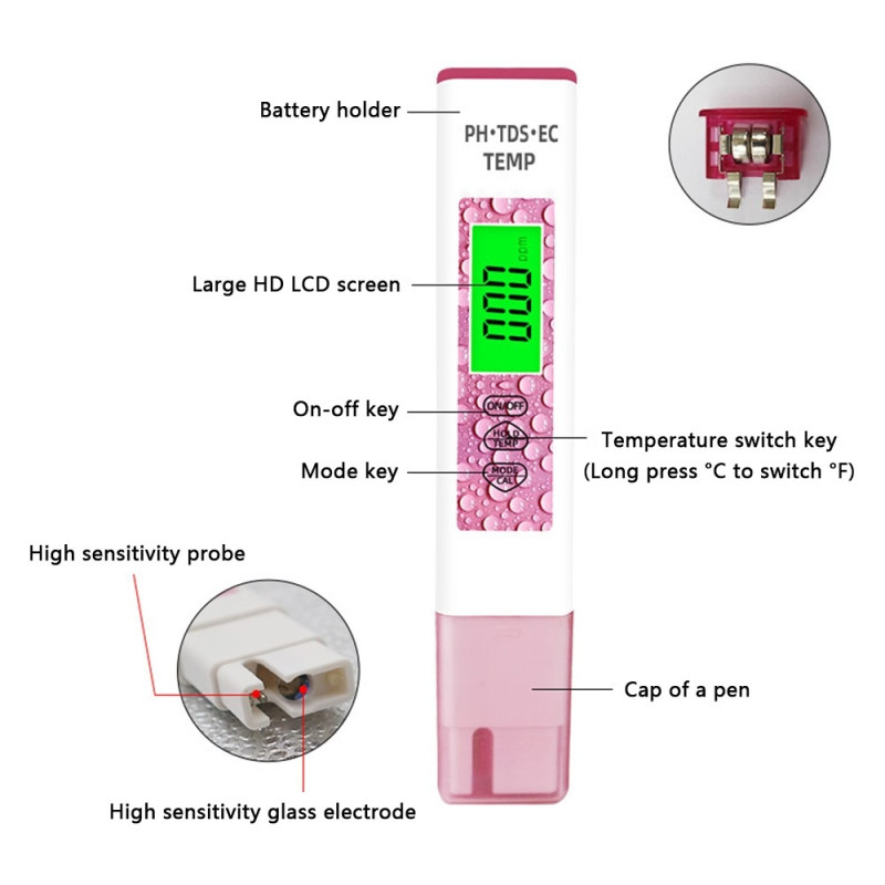 4 - i - 1 test for vandkvalitet PH TDS EC TEMP testpen