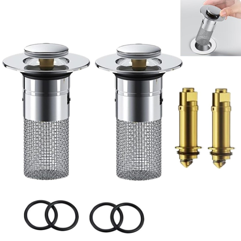 2Pcs Pop Up Basin Stopper 304 Stainless Steel Drain Filter Plug Hair Catcher Strainer for Shower Sink