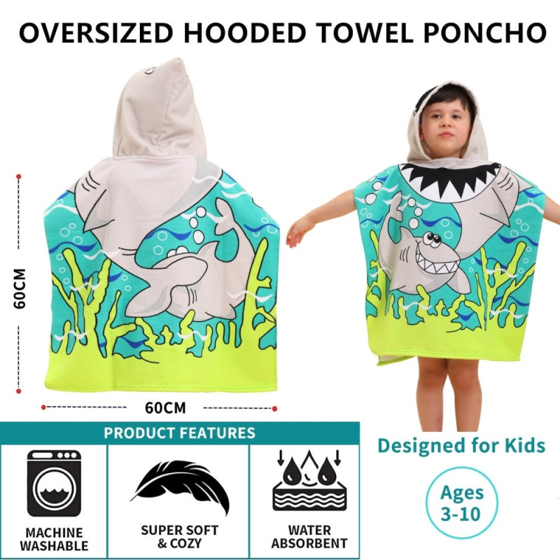 Hood Cape Bath towel Bathrobe Poncho, 60x60cm - Shark