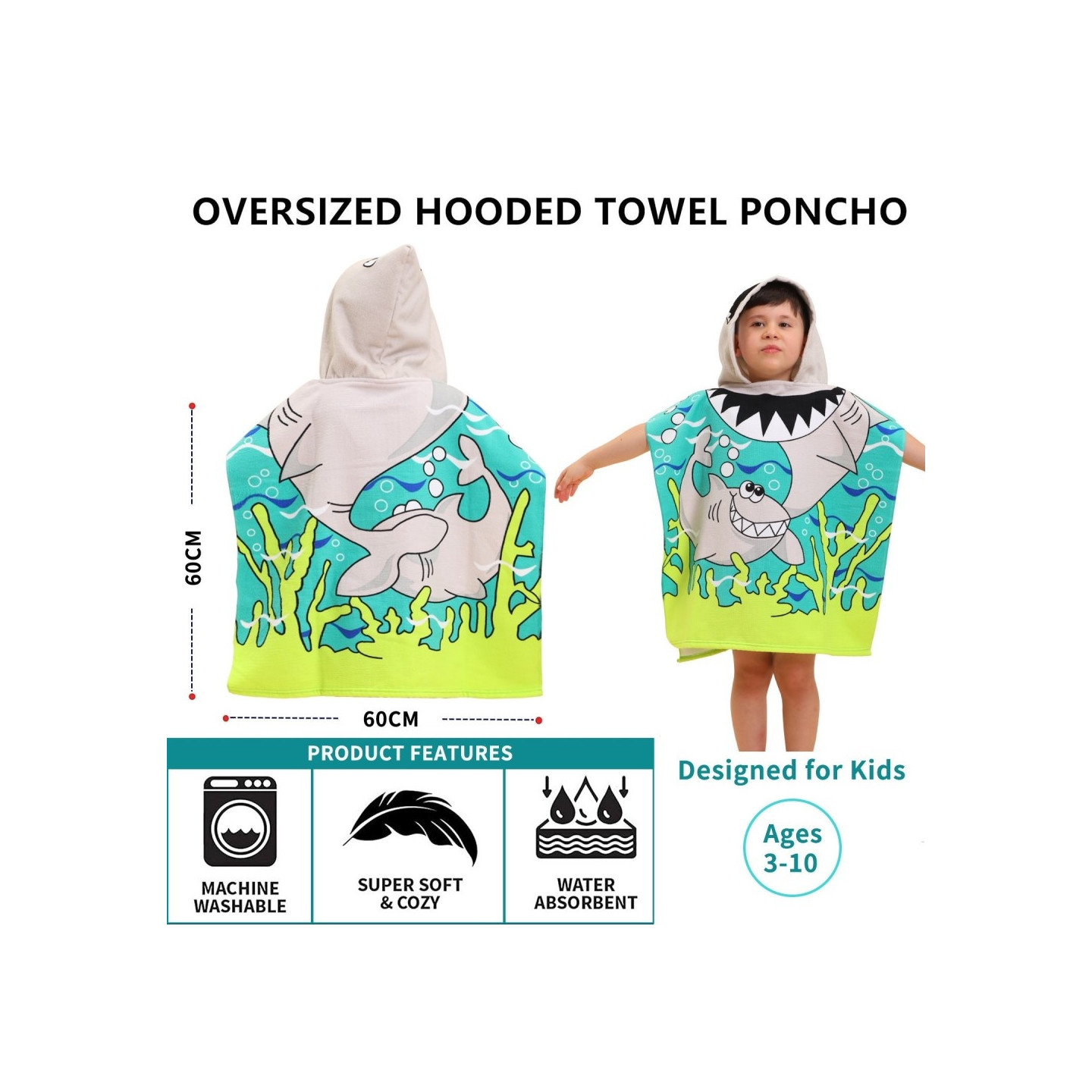 Hood Cape Kylpypyyhe Kylpytakki Poncho, 60x60cm - Shark