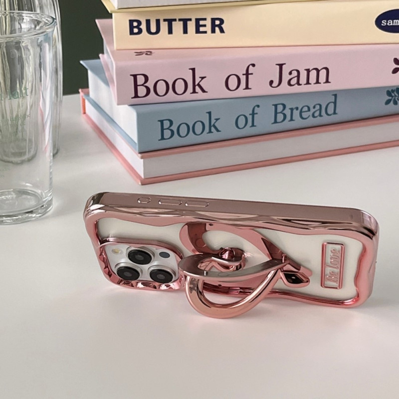 Til iPhone 15 Pro Max Case Love Heart Kickstand TPU Elektrobelagt Gjennomsiktig Mobiltelefonveske - Rosa