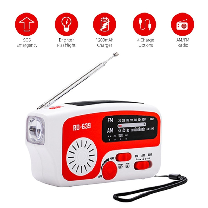 AM/FM emergency radio Hand crank flashlight SOS solar cell PowerBank USB