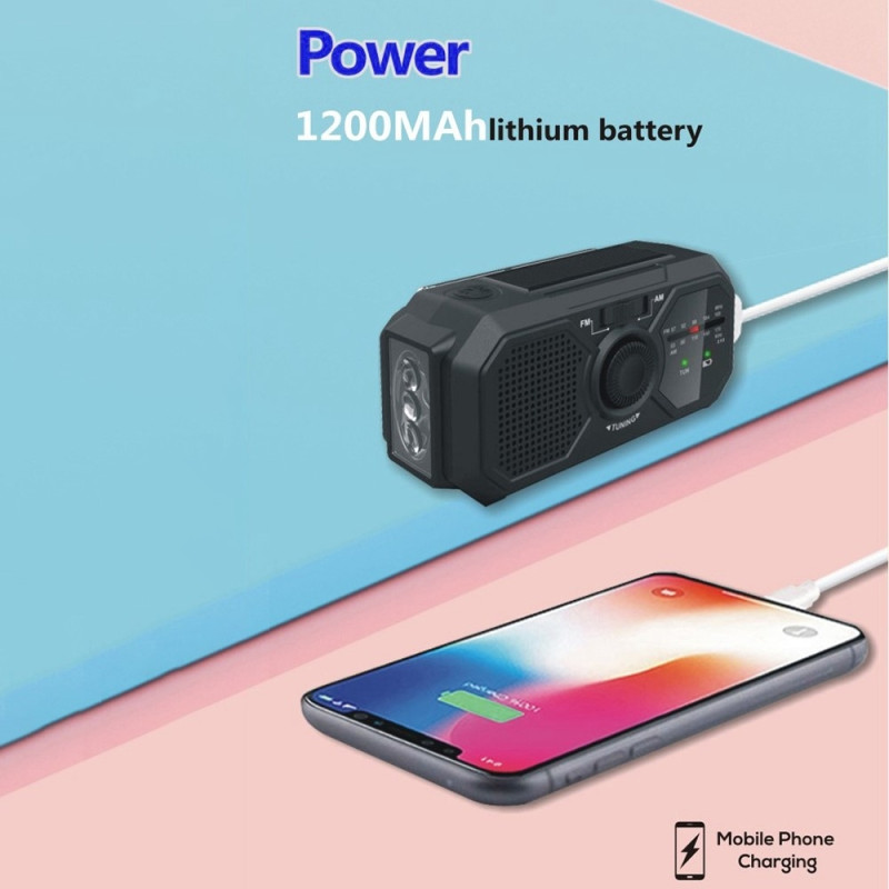 Sää AM / FM - radio Solar Käsikampi 1200mAh PowerBank taskulamppu