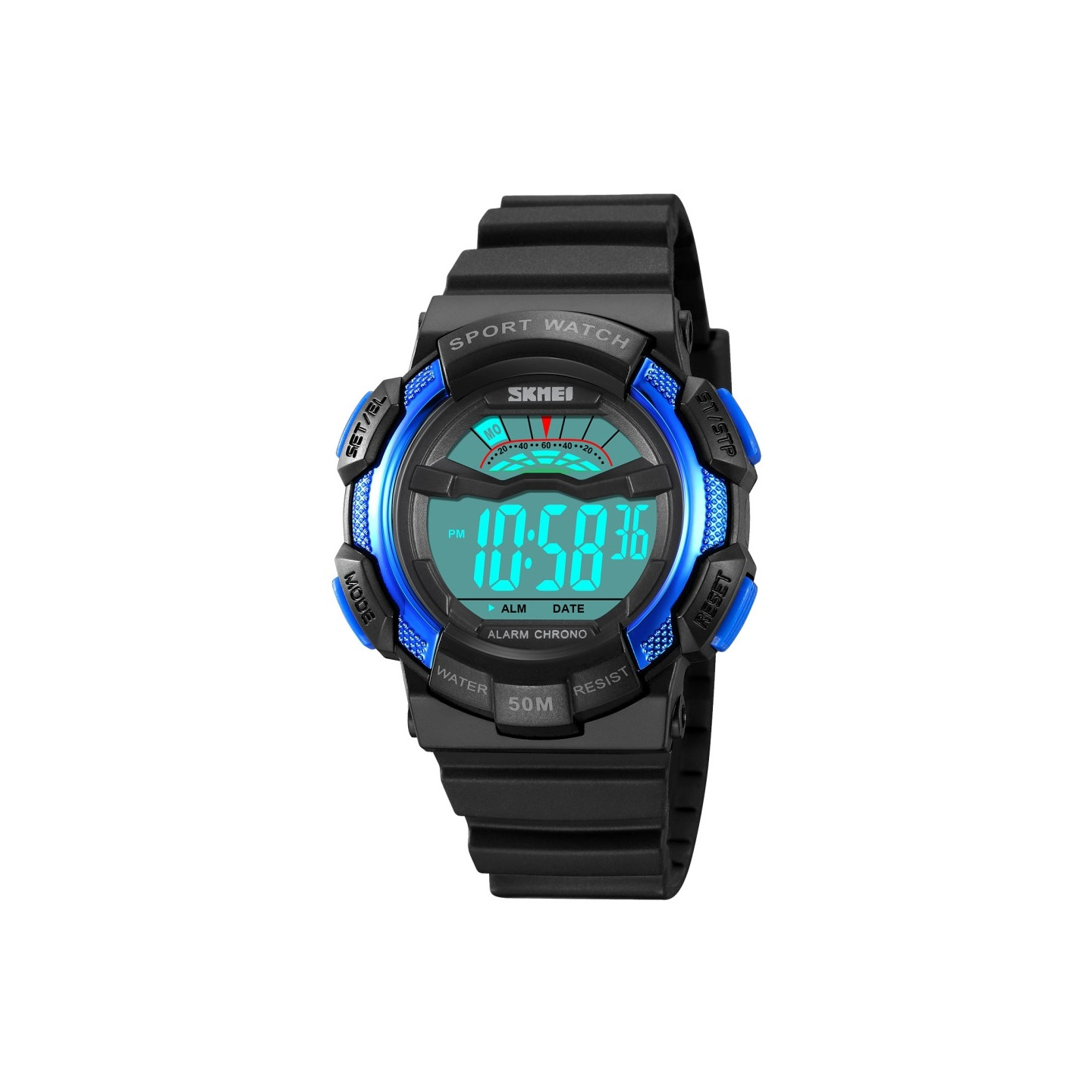 SKMEI 50m Waterproof Wristwatch Clock - Black+Blue/White Dial