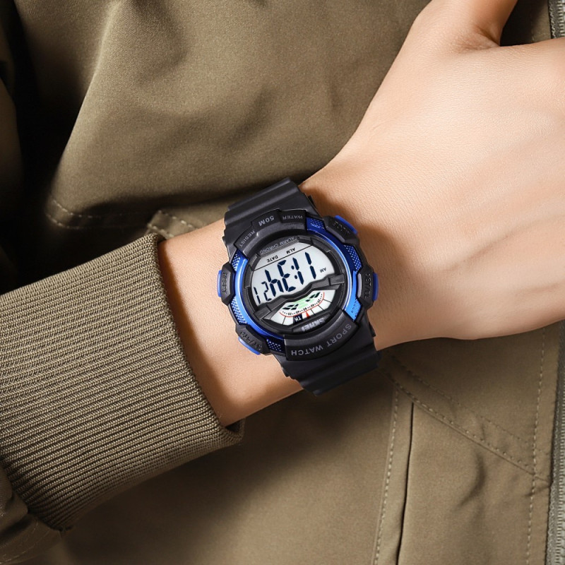 SKMEI 50m vanntett armbåndsur klokke - svart+blå/hvit urskive