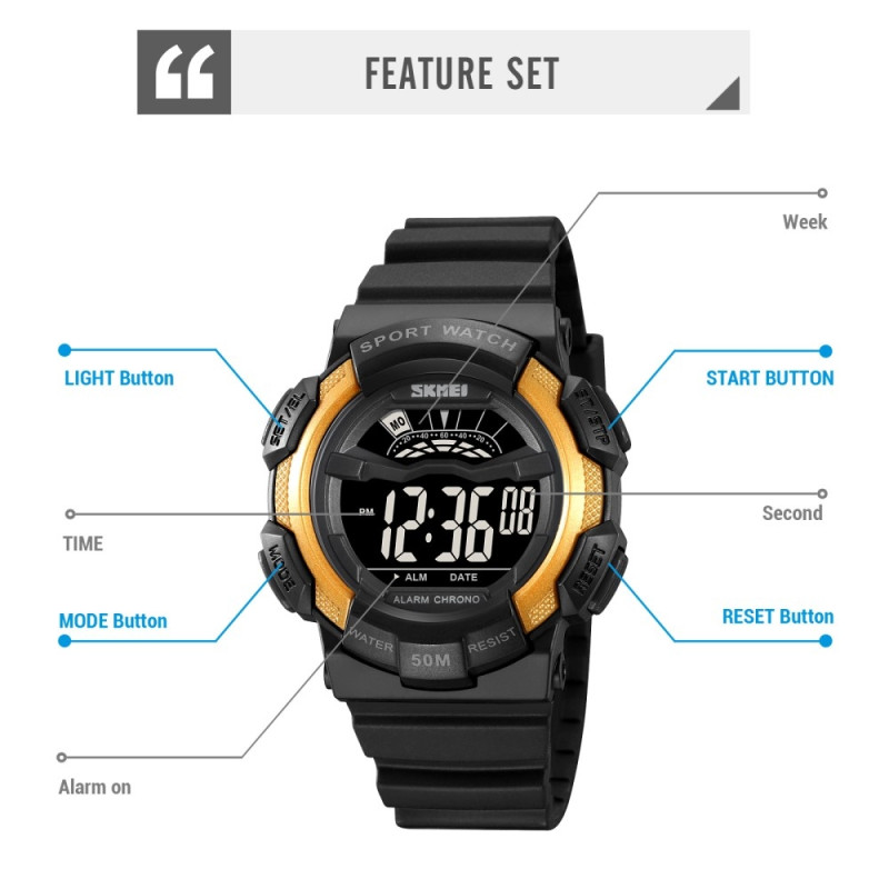 SKMEI 50m Waterproof Wristwatch Clock - Black+Blue/White Dial