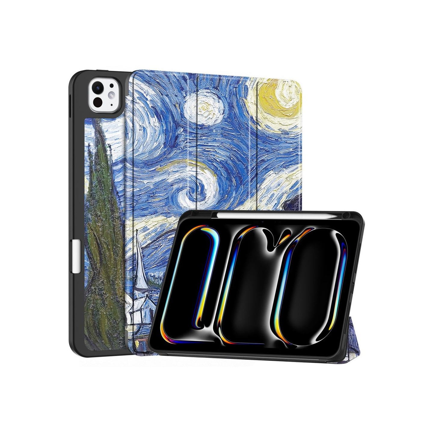 Til iPad Pro 11 (2024) Etui Tre - fold Stativ Tablet Cover med Pen Holder - Painting