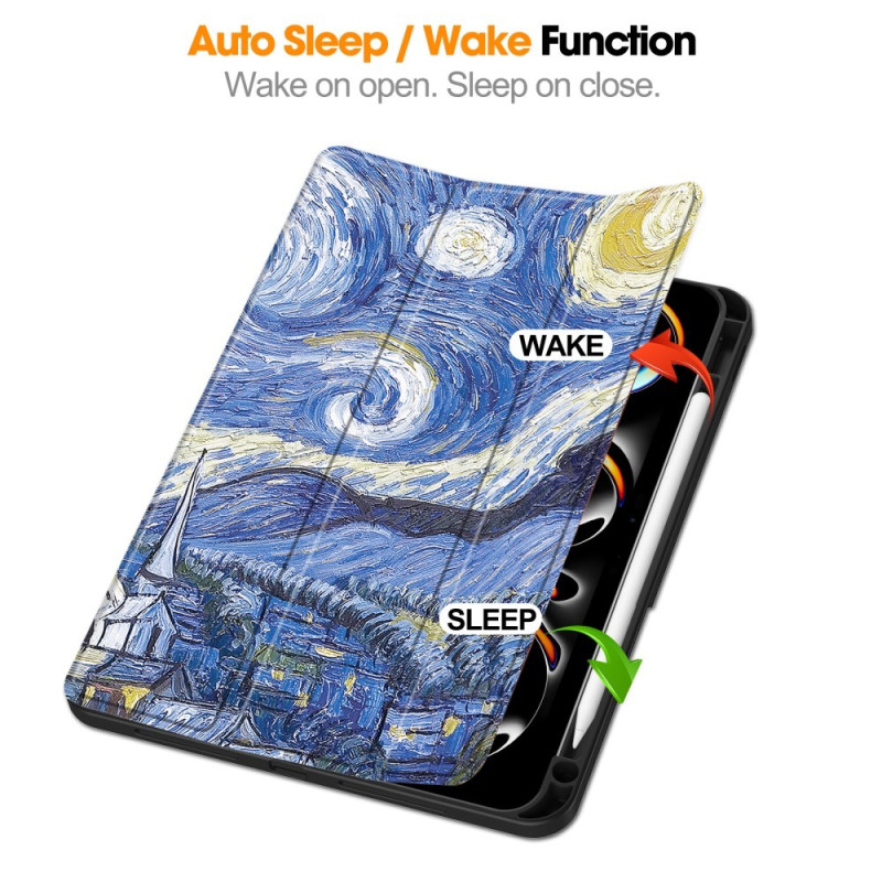 For iPad Pro 11 (2024) Case Tri - fold Stand Tablet Cover with Pen Slot - Painting