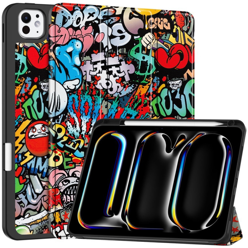 Til iPad Pro 11 (2024) Etui Tre - fold Stativ Tablet Cover med Pen Holder - Graffiti
