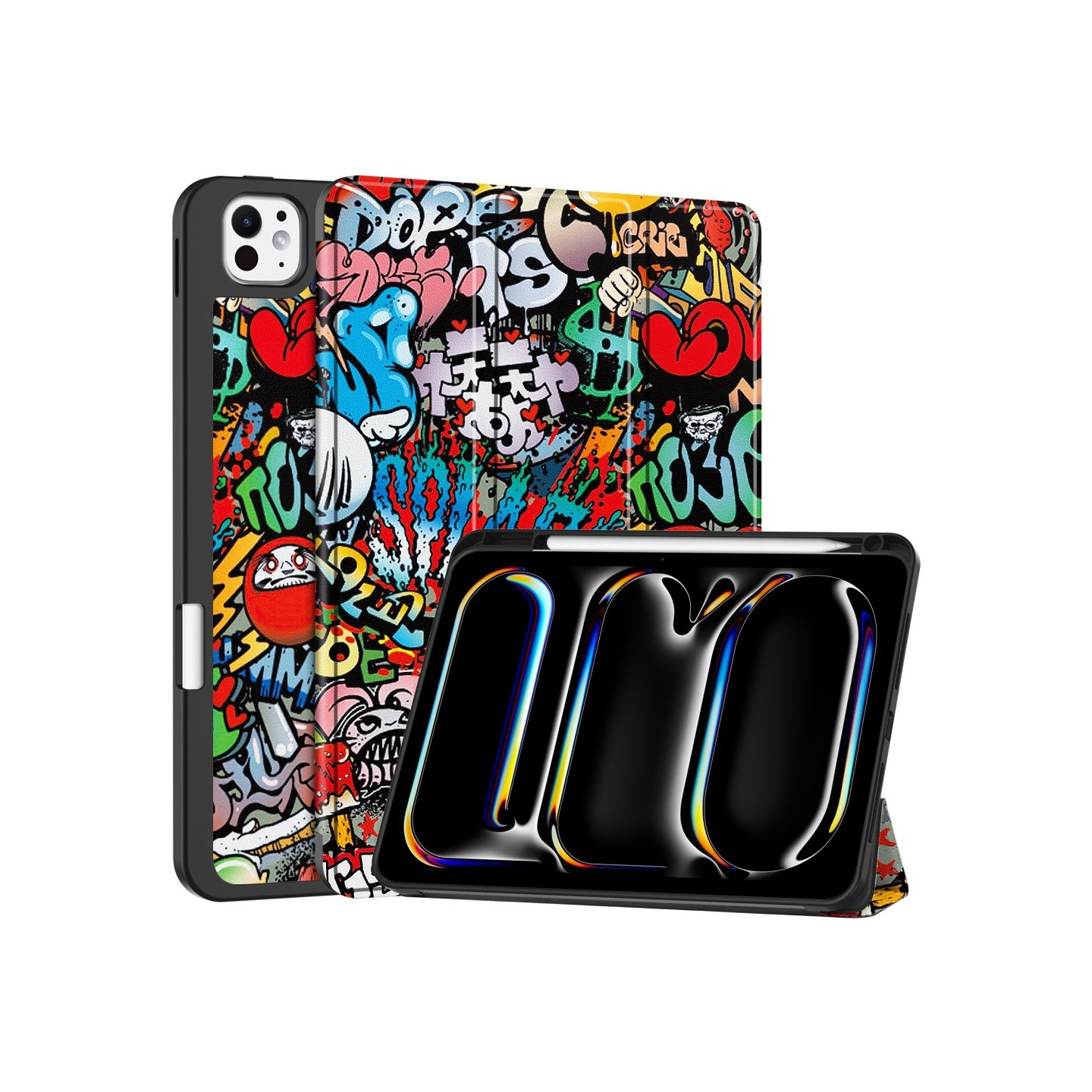 Til iPad Pro 11 (2024) Etui Tre - fold Stativ Tablet Cover med Pen Holder - Graffiti