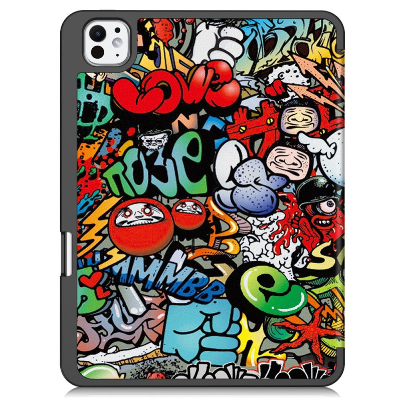 Til iPad Pro 11 (2024) Etui Tre - fold Stativ Tablet Cover med Pen Holder - Graffiti