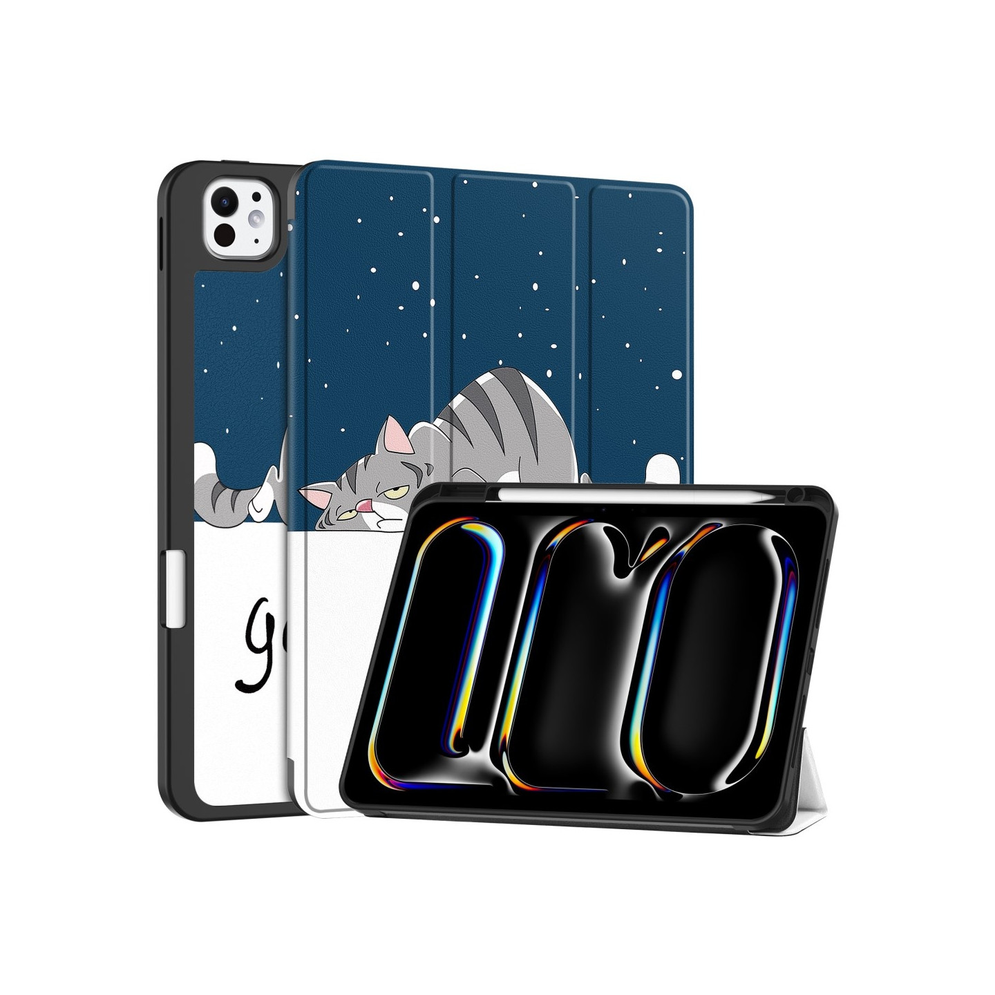 For iPad Pro 11 (2024) Case Tri - fold Stand Tablet Cover with Pen Slot - Cat