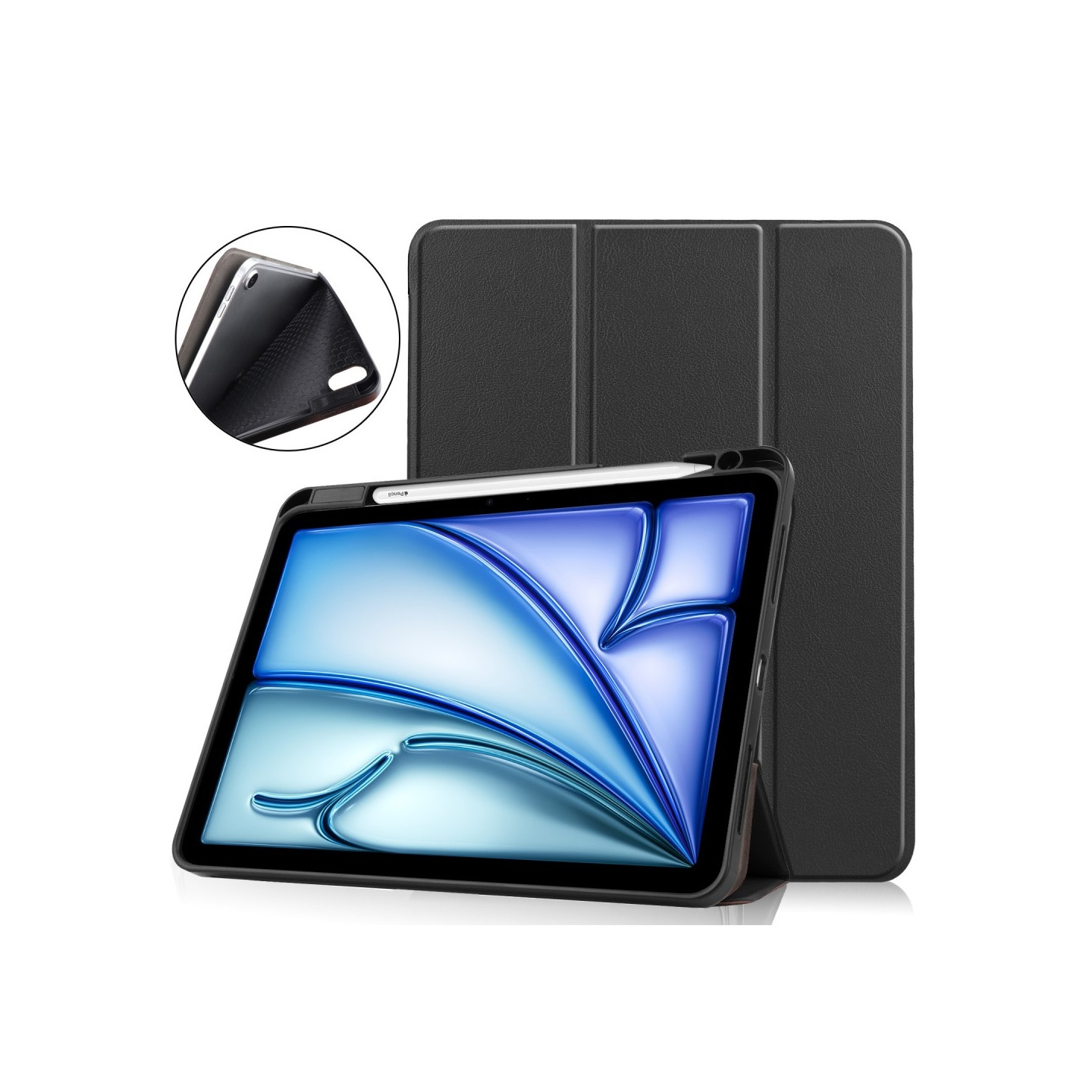 For iPad Air 11 (2024) Case Tri - fold Stand Tablet Cover with Pen Slot - Black