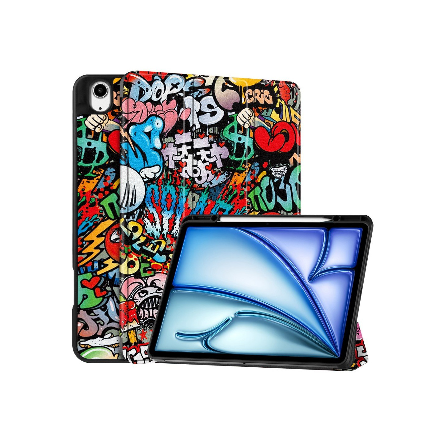 Til iPad Air 13 (2024) Slim Fit Trifoldbart deksel Pennebrett - Graffiti