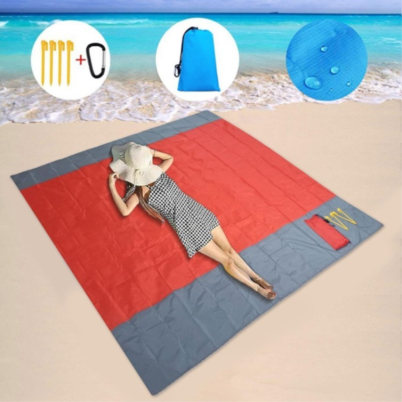 Stort strandteppe 210x200cm sandtett vanntett lett utendørs teppe rød