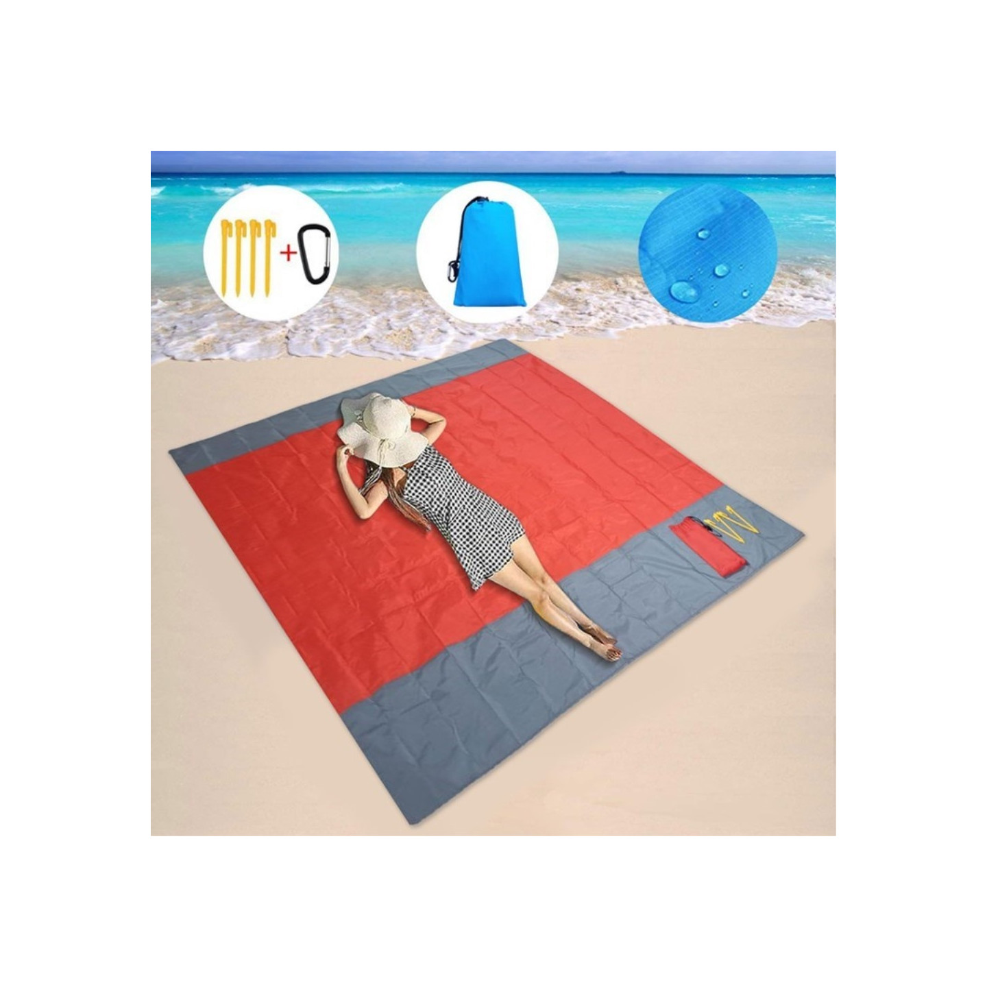 Beach Blanket 210x200cm Large Sandproof Waterproof Beach Mat Red
