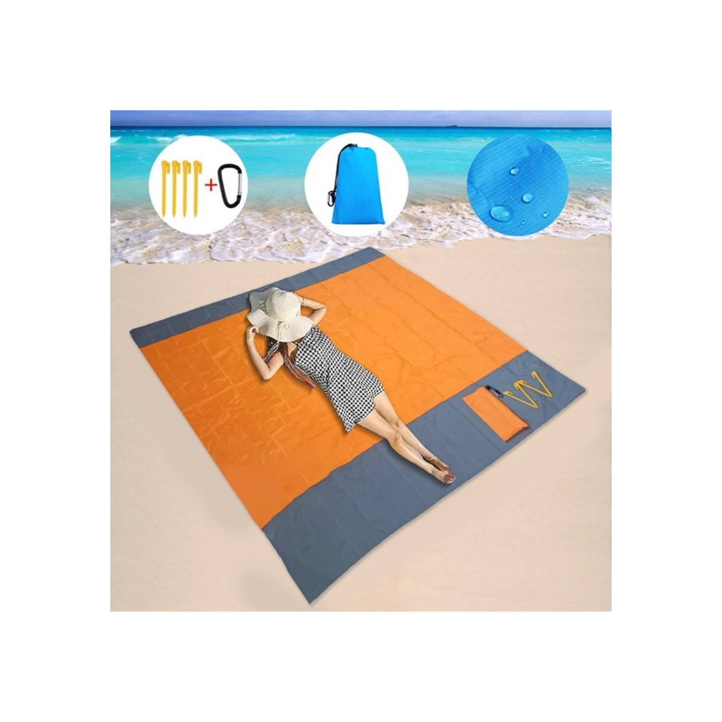 Beach Blanket 210x200cm Large Sandproof Waterproof Beach Mat - Orange