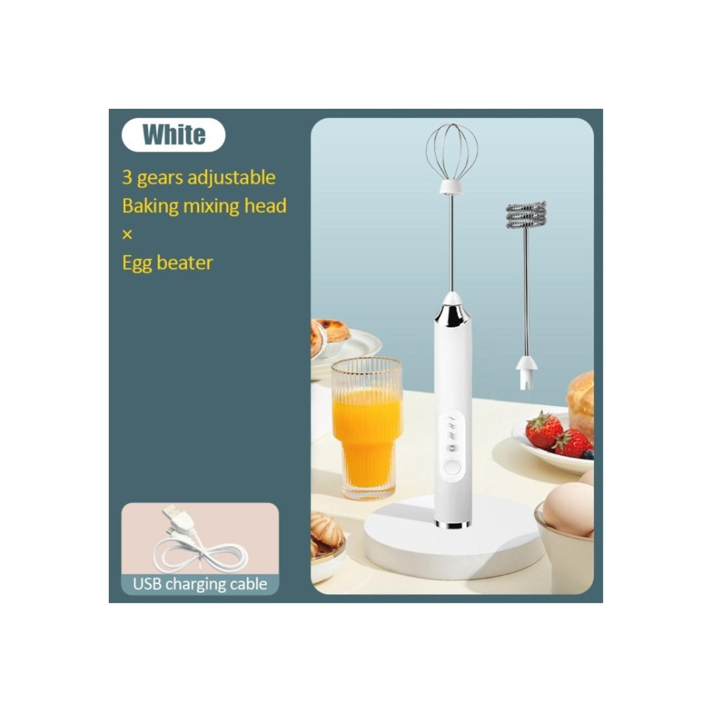 Automatic Milk Foam Maker Egg Beater Rechargeable Whisk - White