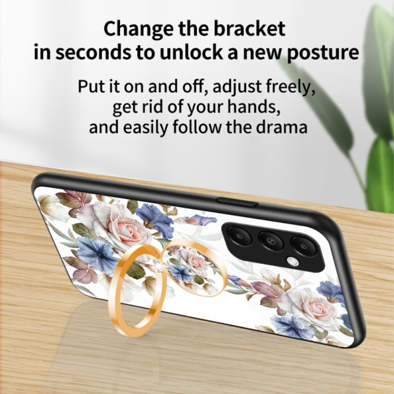 Til Samsung Galaxy A35 Hærdet Glas Etui Ring Kickstand Telefon Cover - White Flower