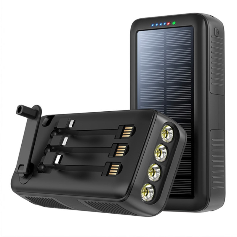 Håndsving 30000mAh Sol PowerBank Lightning/USB - C/Mikrokabel